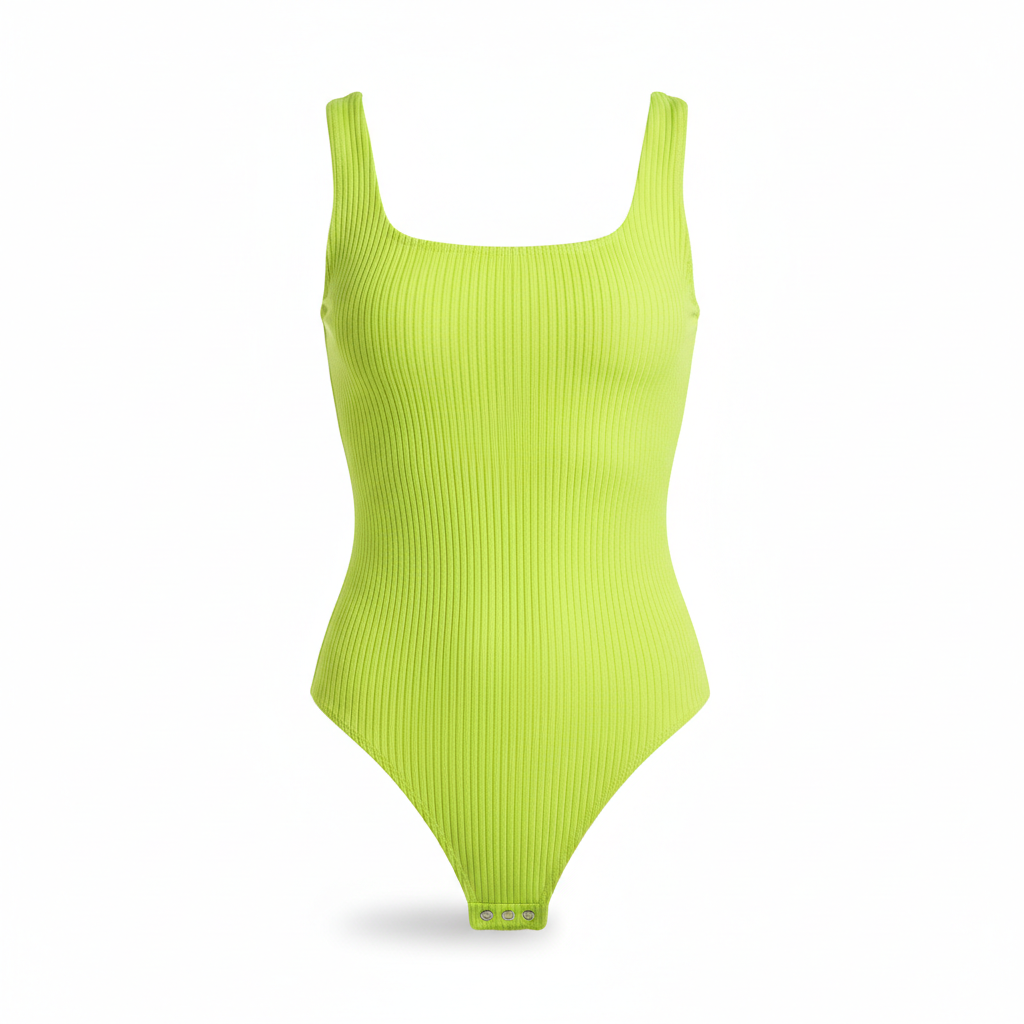Women's Bodysuit in Acid Lime with Ribbed Texture