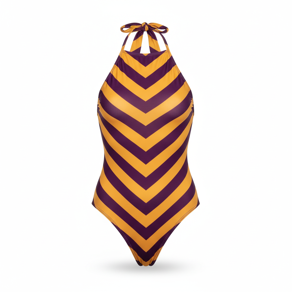 Women's Bodysuit in Mustard Yellow and Plum Purple Chevron Print