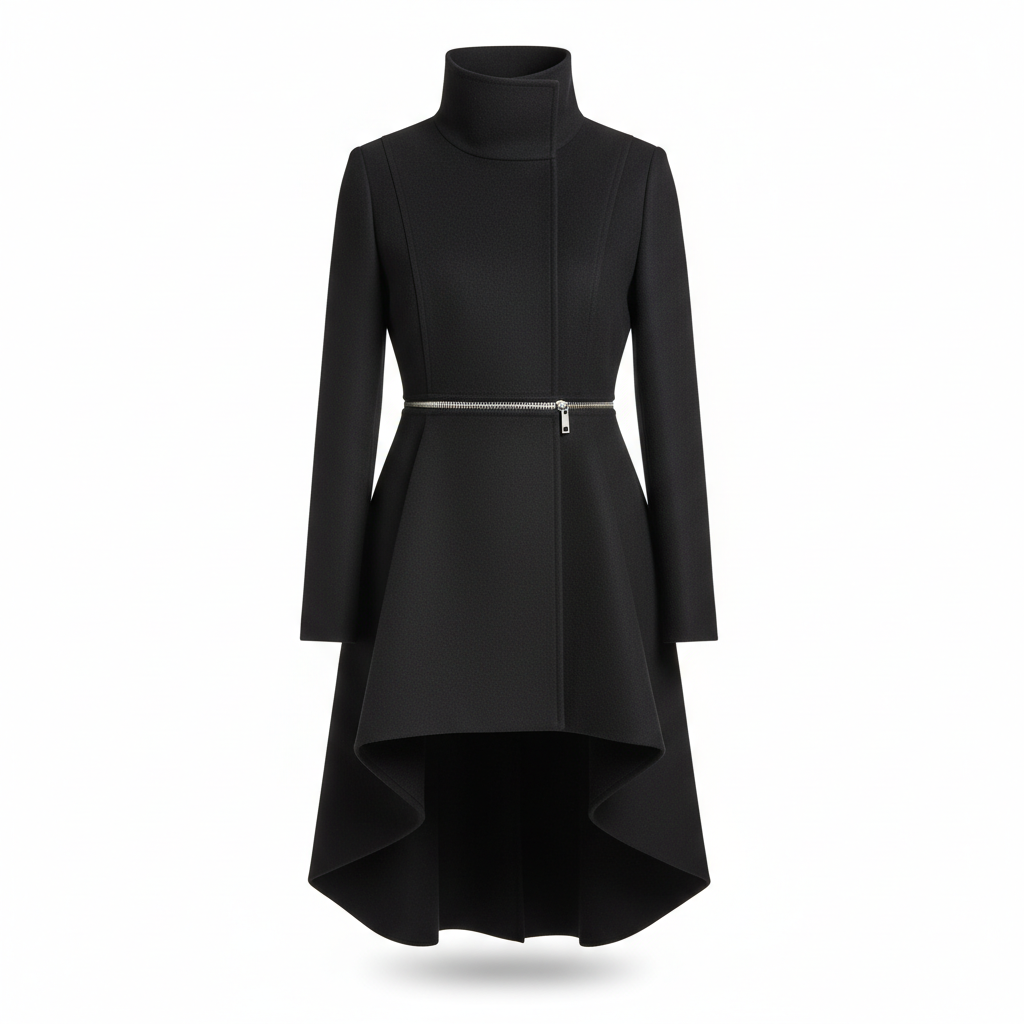 Women's Coat in Charcoal Black with High-Low Hem