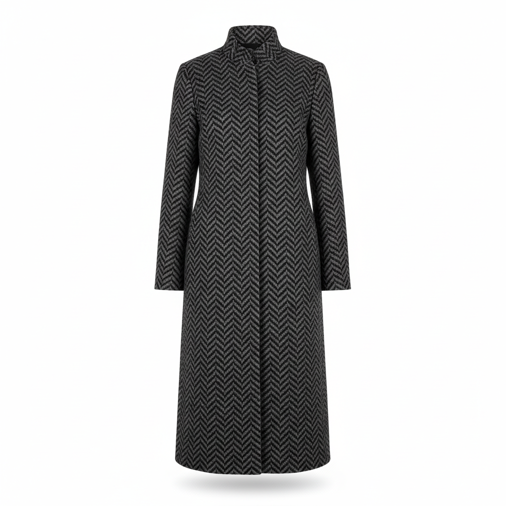 Women's Coat with Grey and Black Herringbone Pattern
