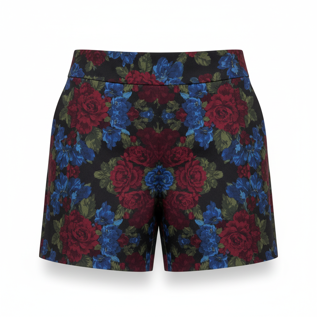 Women's Shorts with Burgundy and Blue Floral Motif