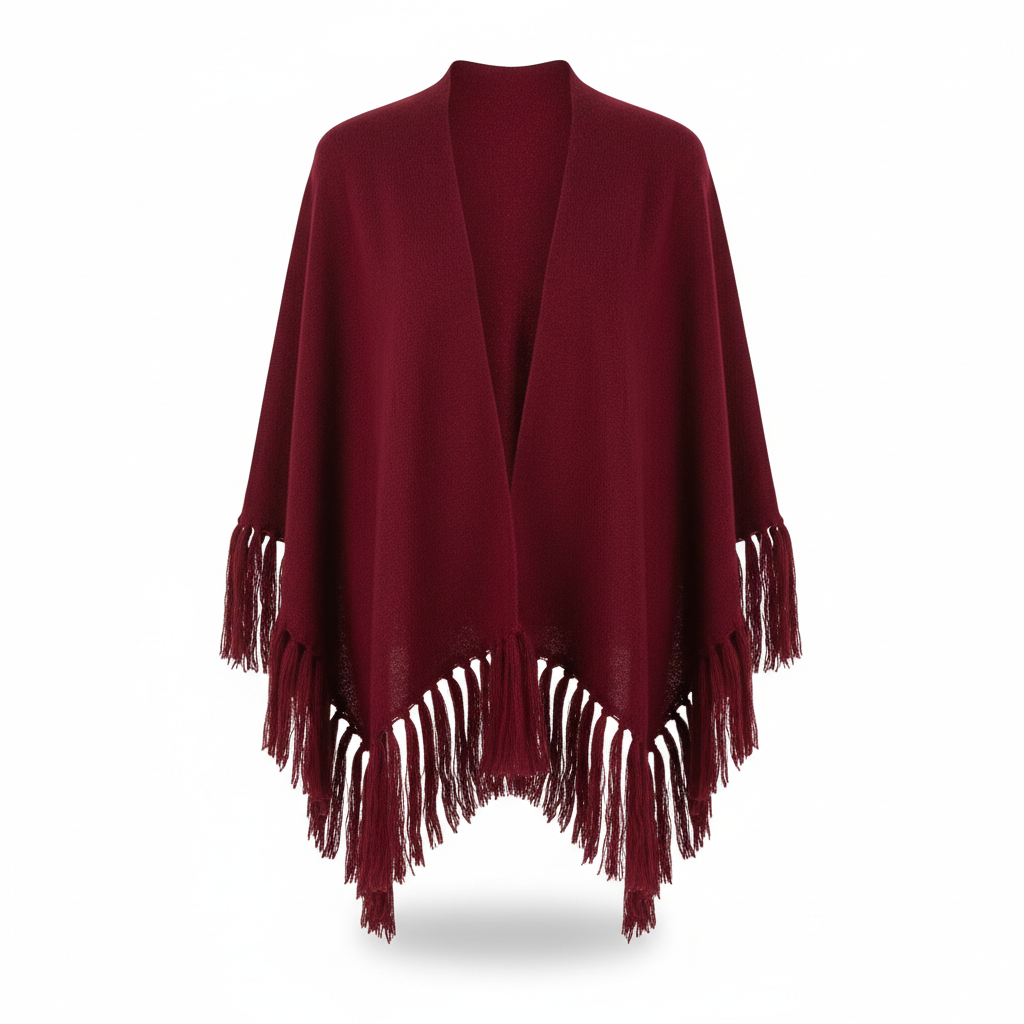 Women's Knitwear Poncho in Burgundy Red with Fringed Edges