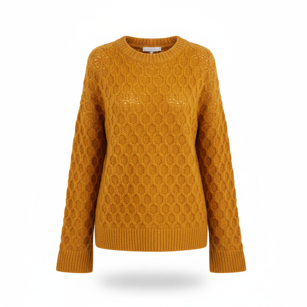 Women's Knitwear Sweater in Mustard Yellow with Honeycomb Pattern
