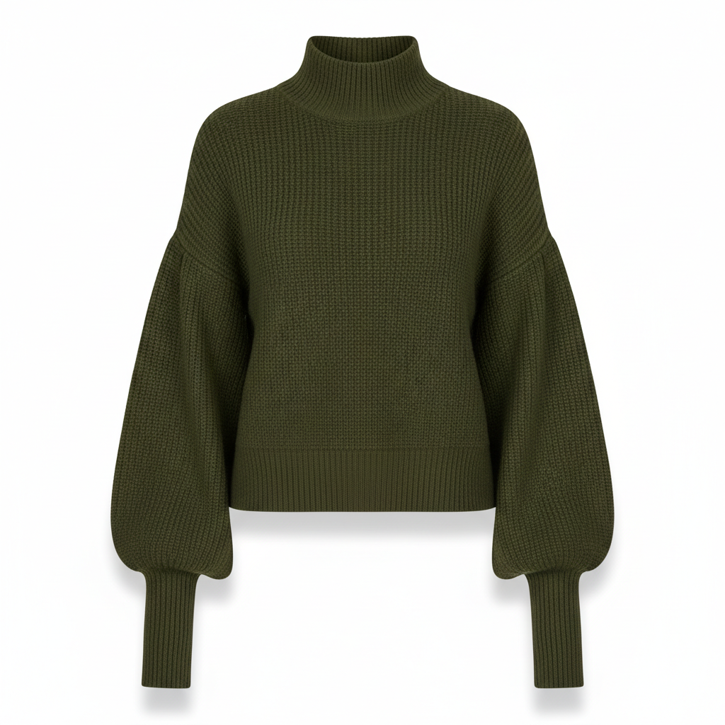 Women's Knitwear Sweater in Olive Green with Balloon Sleeves