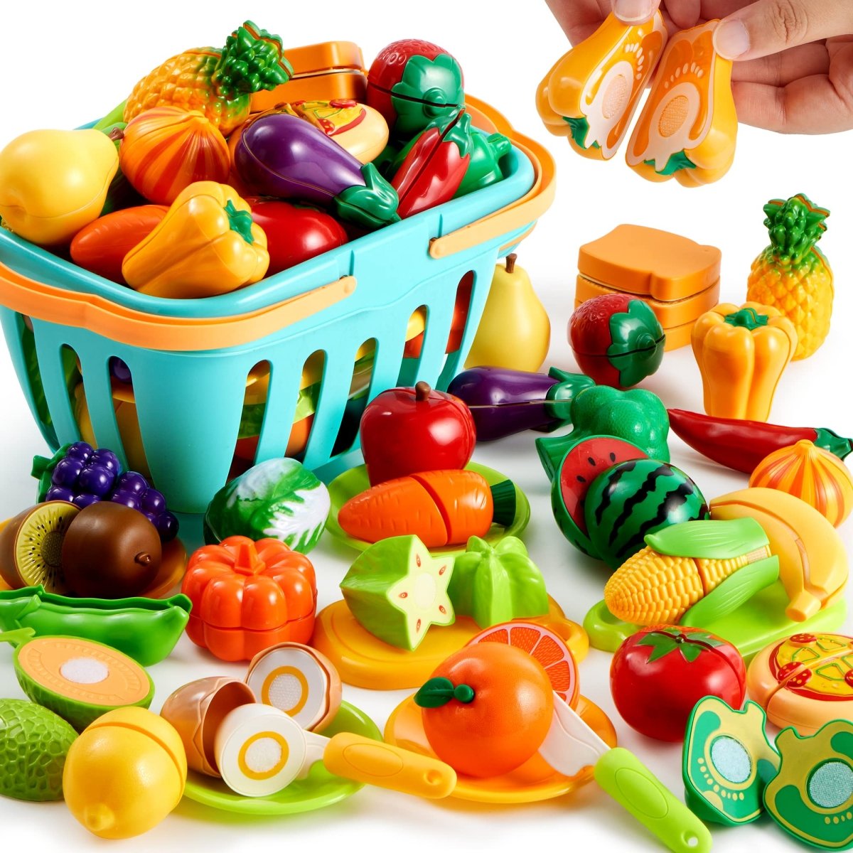 71Pcs Pretend Cutting Food Toy Set Fruits, Veggies, Basket Utensils - Babies Mall