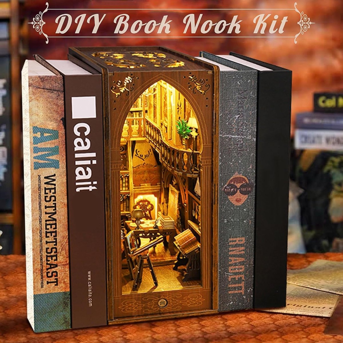 Book Nook Miniature Library Kit with Sensor Light, DIY for Bookshelf - Babies Mall