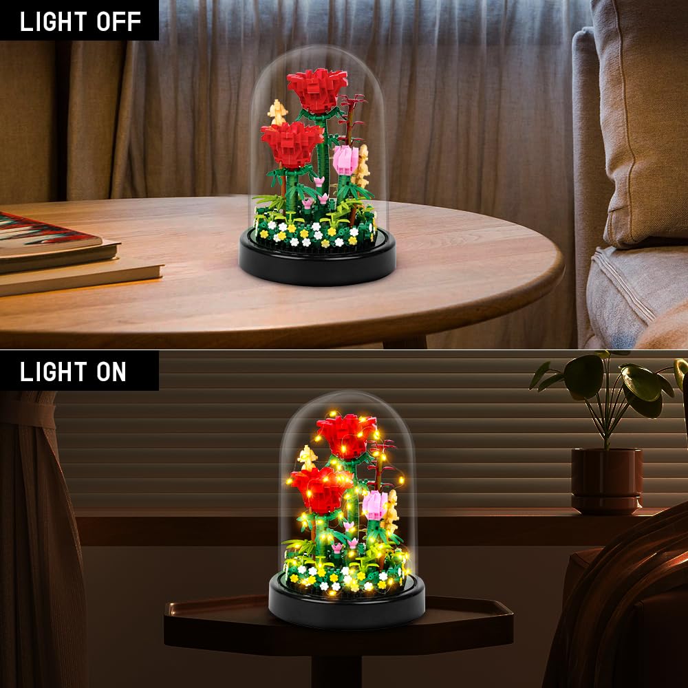 Rose Building Kit with LED Lights, 596 Mini Bricks and Display Dome - Babies Mall