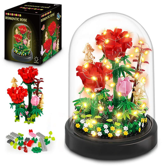 Rose Building Kit with LED Lights, 596 Mini Bricks and Display Dome - Babies Mall