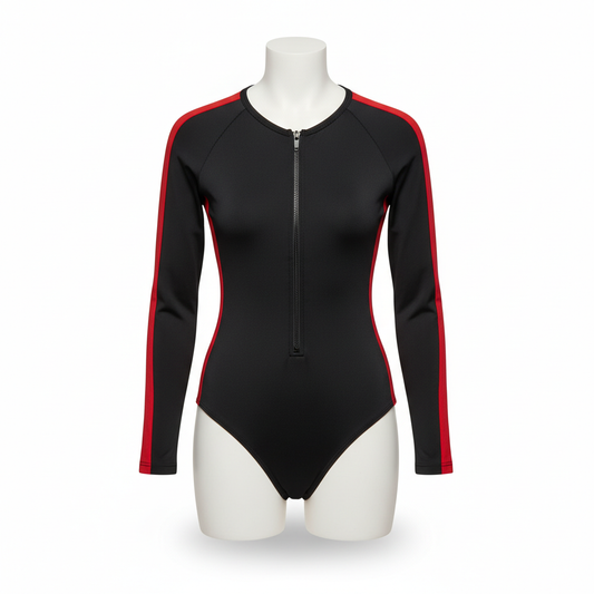 Women's Bodysuit in Midnight Black with Ruby Red Side Stripes