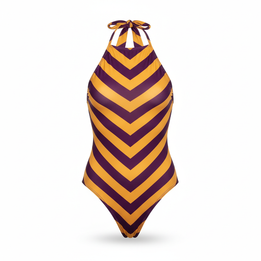 Women's Bodysuit in Mustard Yellow and Plum Purple Chevron Print