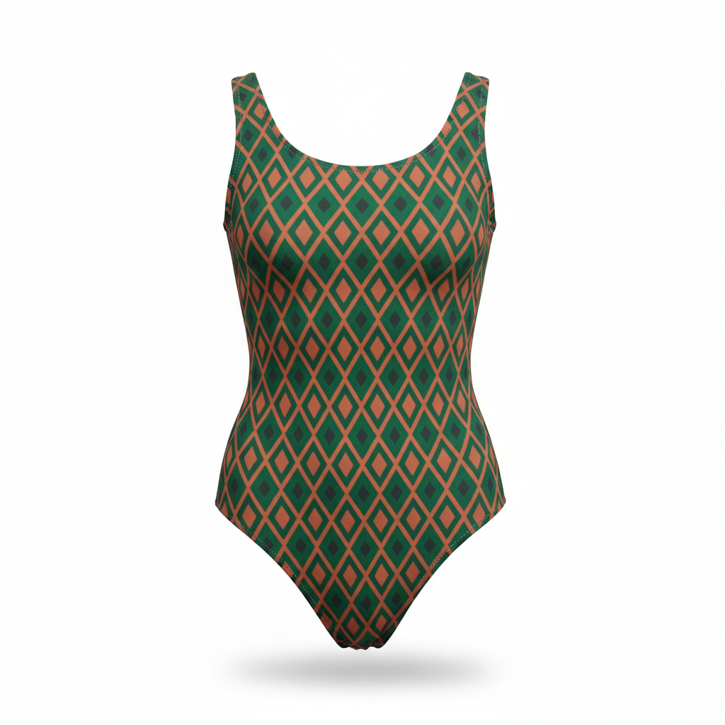 Women's Bodysuit with Emerald Green and Terracotta Geometric Motif