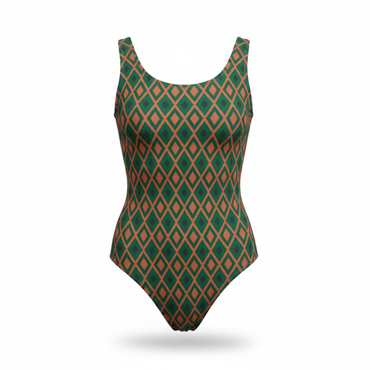 Women's Bodysuit with Emerald Green and Terracotta Geometric Motif
