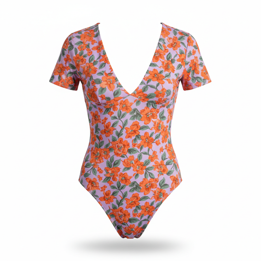 Women's Bodysuit with Lavender and Tangerine Floral Print
