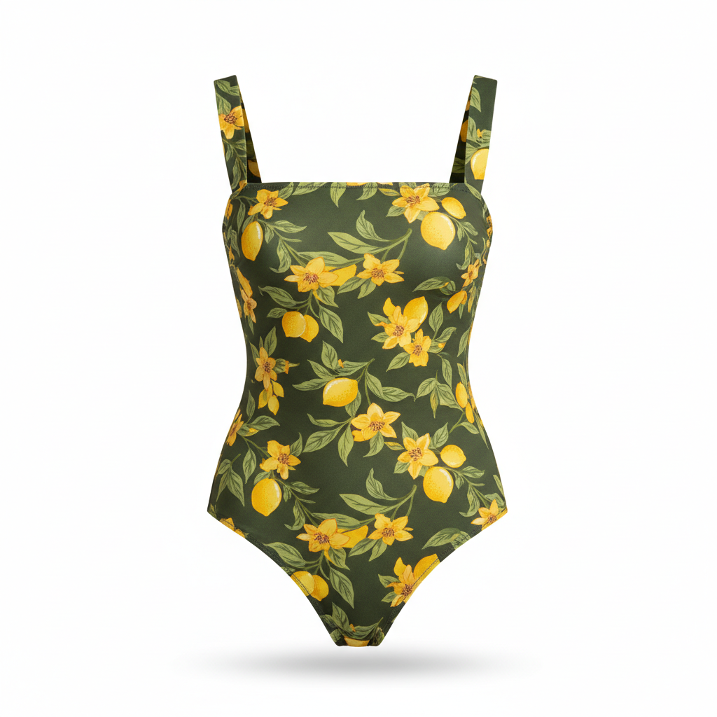 Women's Bodysuit with Olive Green and Lemon Yellow Floral Print