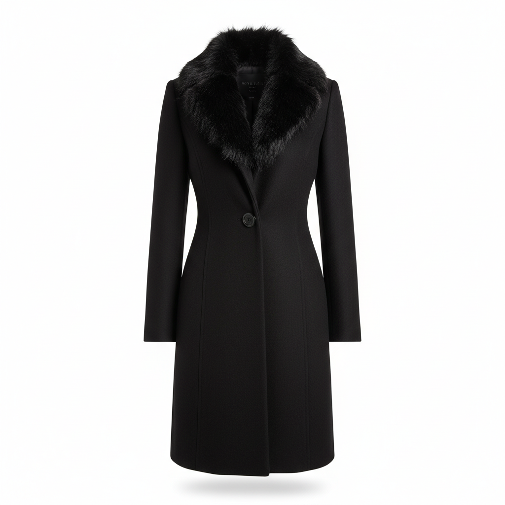 Women's Coat in Midnight Black with Faux Fur Collar
