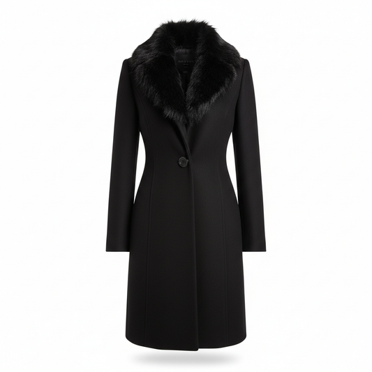 Women's Coat in Midnight Black with Faux Fur Collar