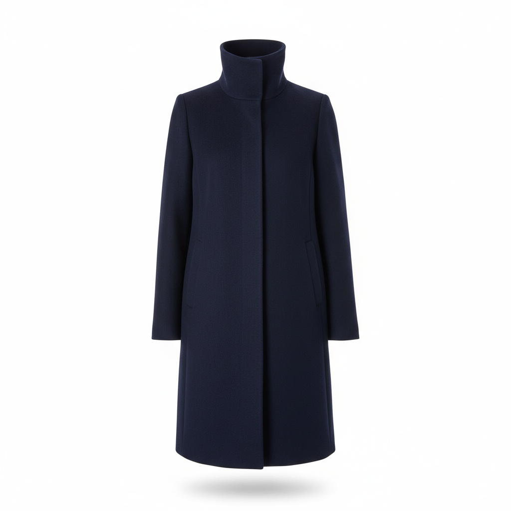 Women's Coat in Navy Blue with Funnel Neckline
