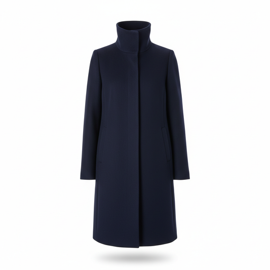 Women's Coat in Navy Blue with Funnel Neckline