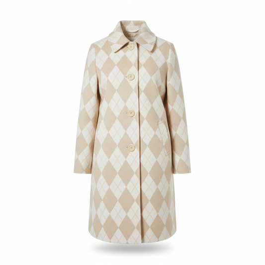 Women's Coat with Cream and White Argyle Pattern
