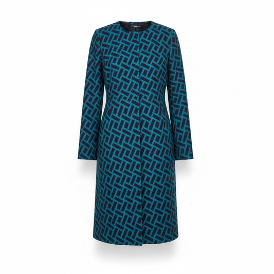 Women's Coat with Navy and Teal Geometric Design