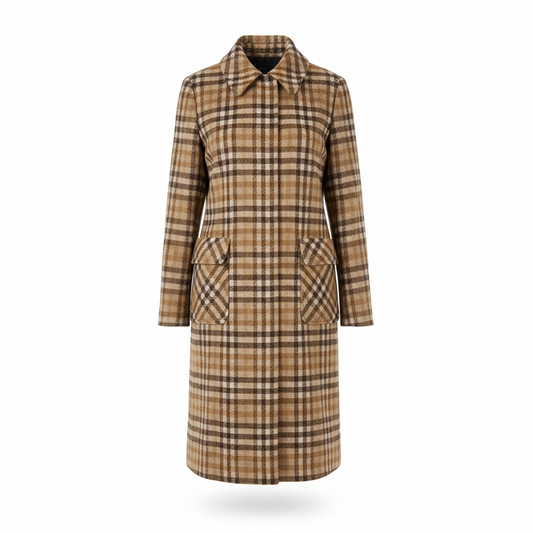Women's Coat with Tan and Brown Check Print