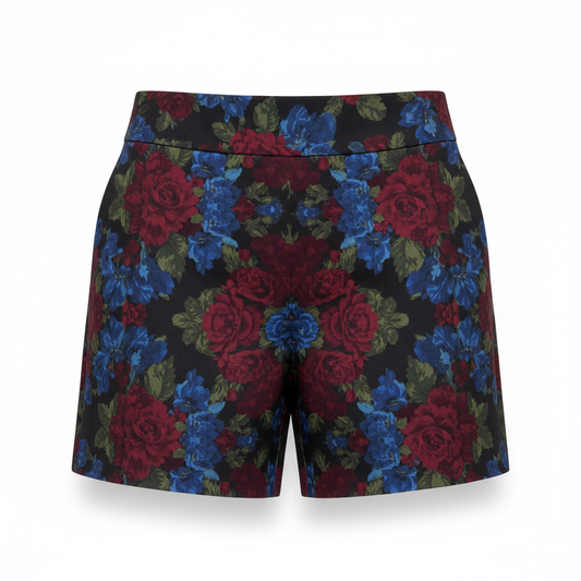 Women's Shorts with Burgundy and Blue Floral Motif