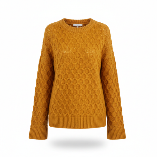 Women's Knitwear Sweater in Mustard Yellow with Honeycomb Pattern