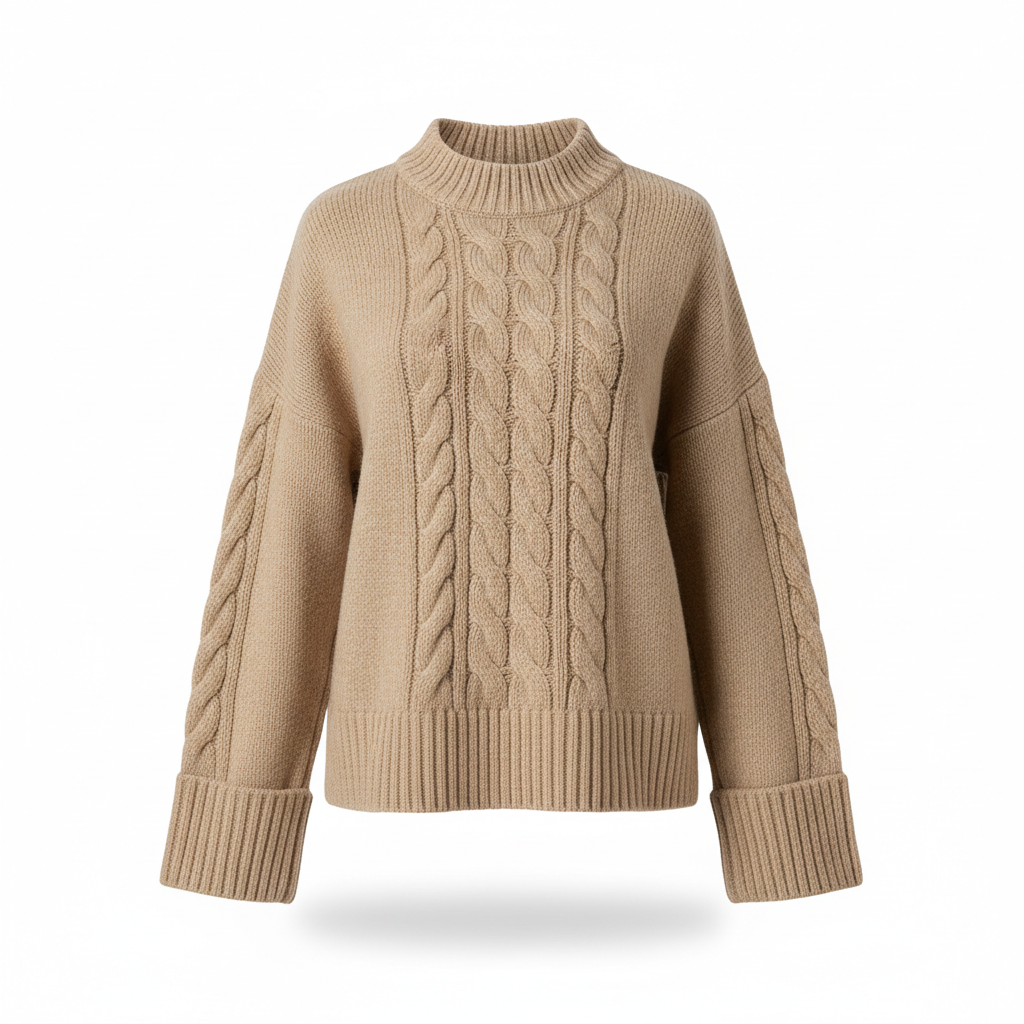 Women's Knitwear Sweater in Oatmeal Beige with Cable Stitch