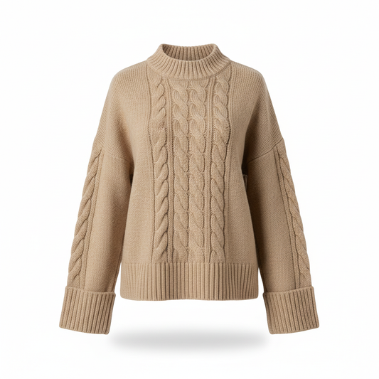 Women's Knitwear Sweater in Oatmeal Beige with Cable Stitch