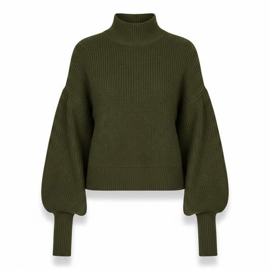Women's Knitwear Sweater in Olive Green with Balloon Sleeves