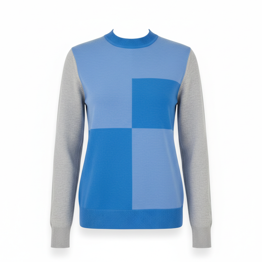 Women's Knitwear Sweater with Sky Blue and Grey Panel Design