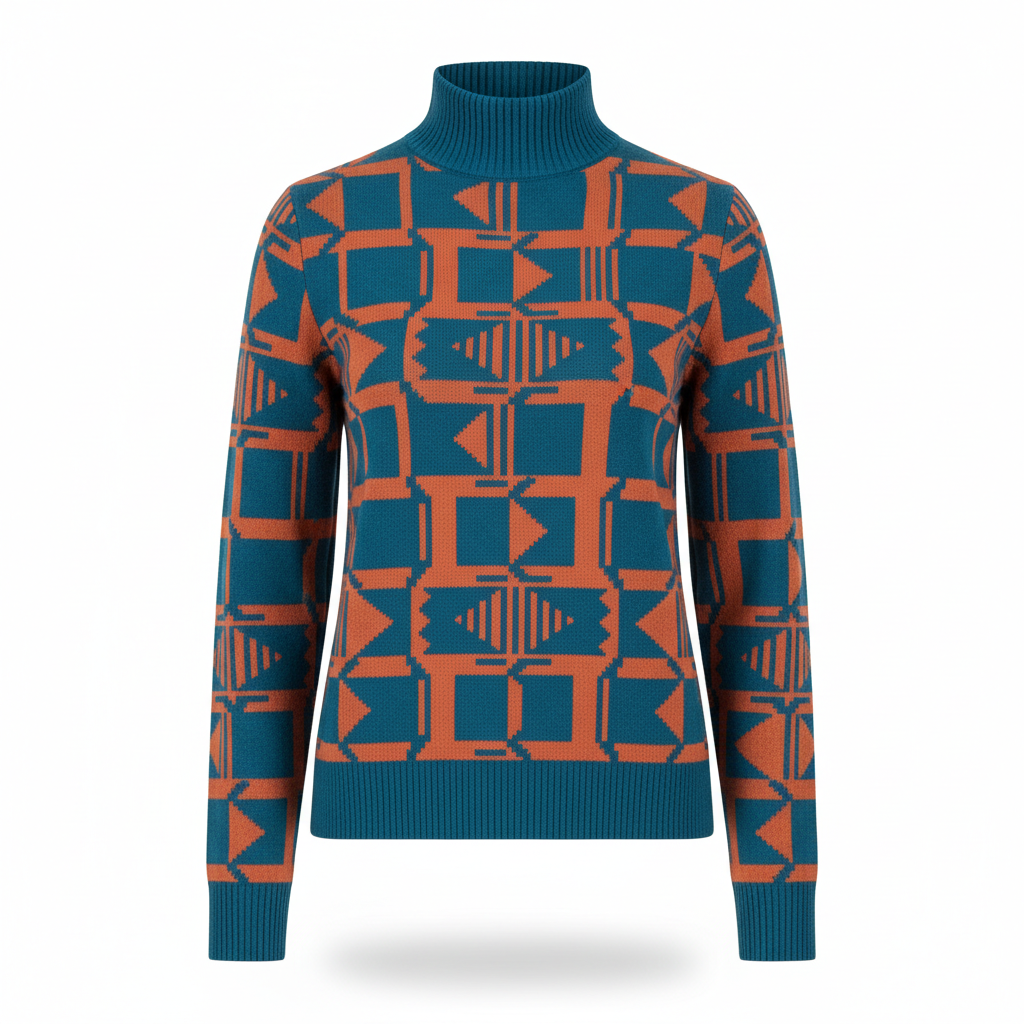 Women's Knitwear Sweater with Teal and Orange Geometric Design
