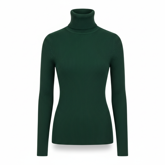 Women's Knitwear Turtleneck in Forest Green with Ribbed Finish